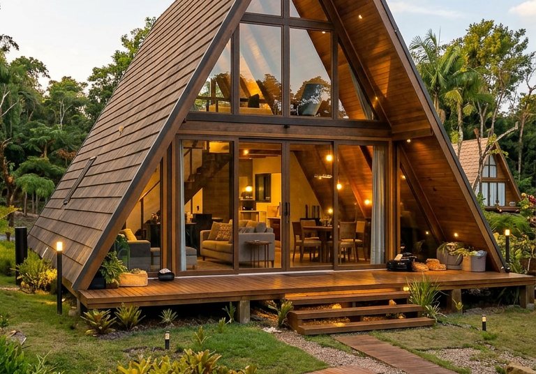 Chalé A-frame ao entardecer
