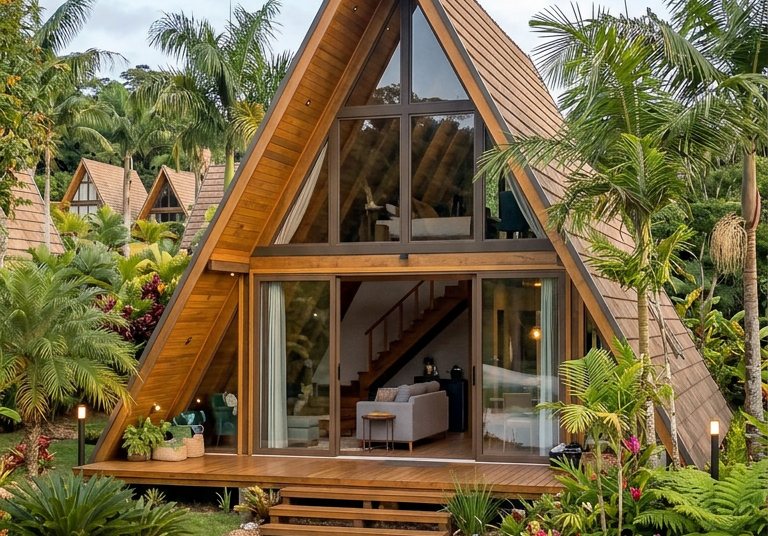 Chalé A-frame de dia com varanda integrada à mata